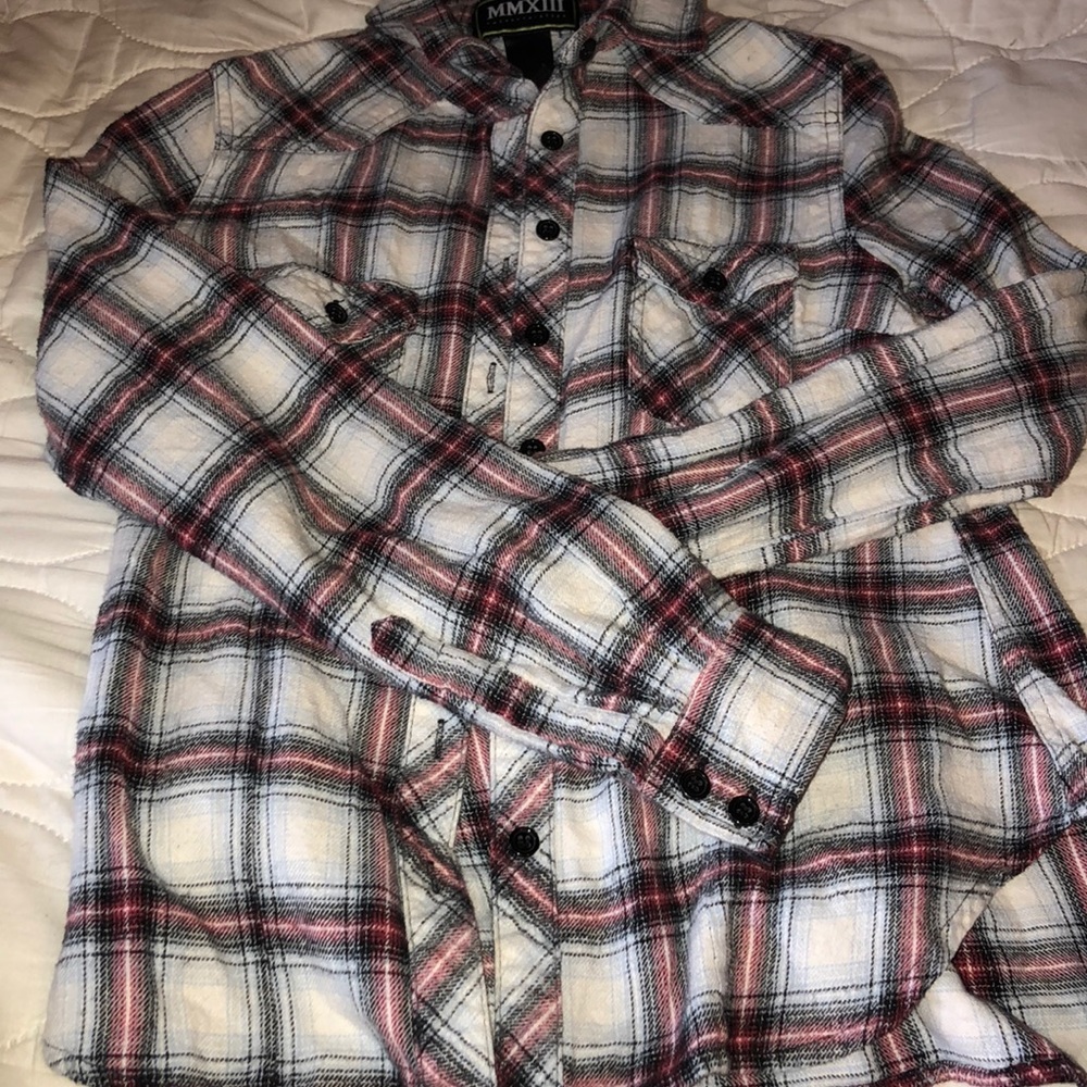 Red, white and black long sleeve flannel